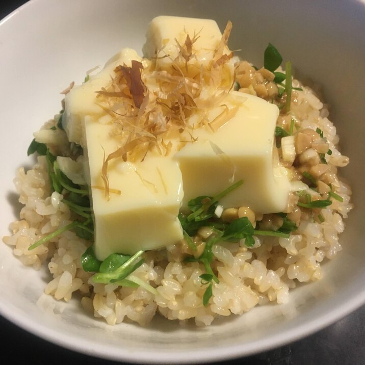 豆苗、ねぎ、卵豆腐の玄米ひきわり納豆丼